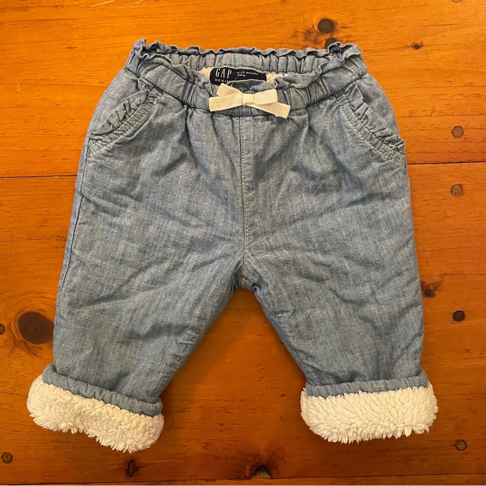GAP Baby Lined Pants 6-12 mo Fuzzy Warm White Blue Denim Ruffles Pockets Winter